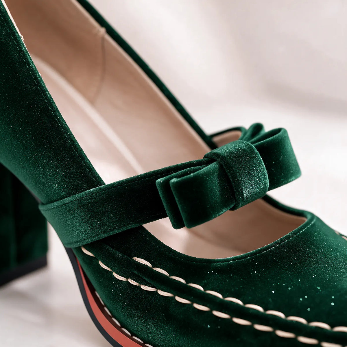Women's Velvet Mary Jane Heels with Bow Strap & Block Heel - Close Up Bow Sparkle