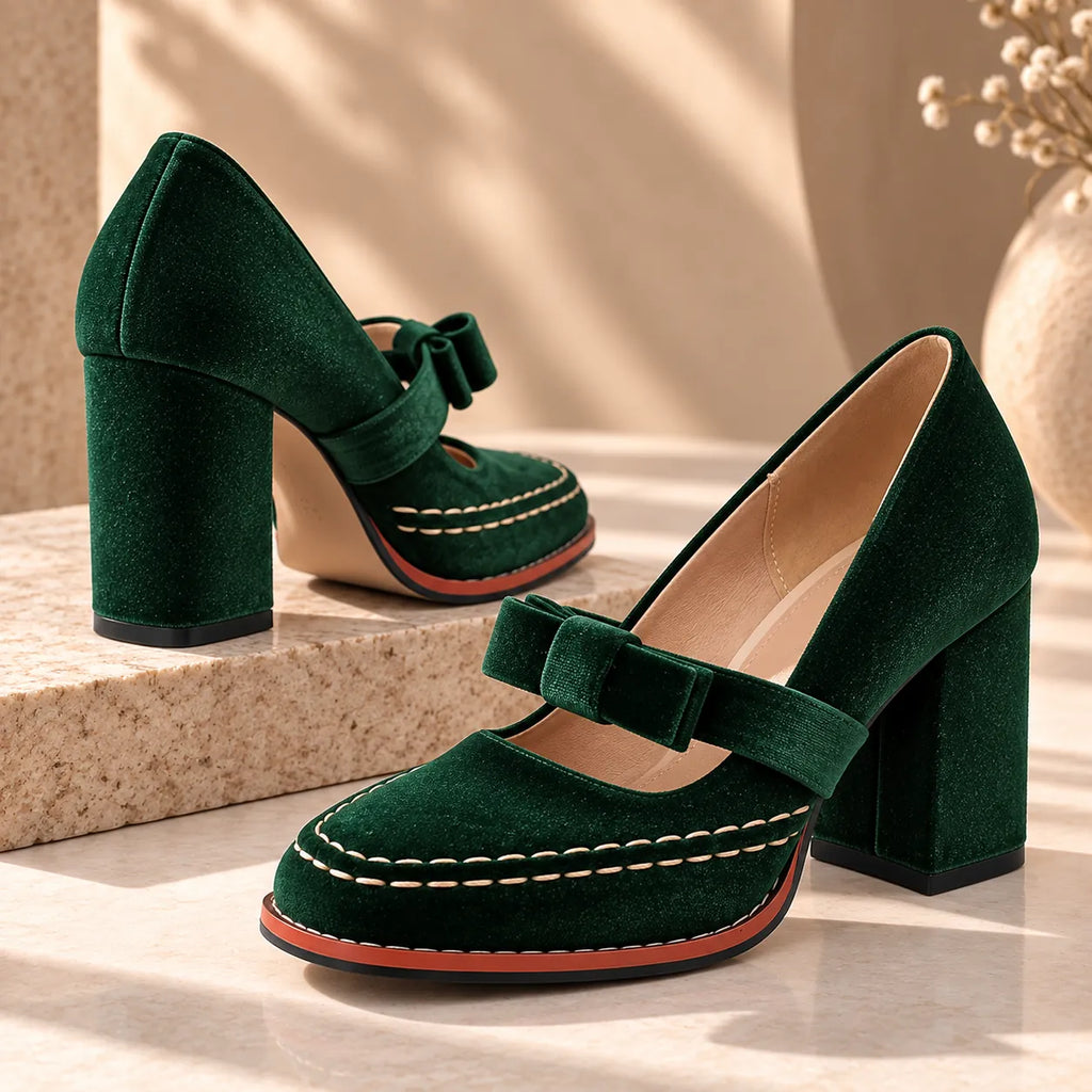 Women's Velvet Mary Jane Heels with Bow Strap & Block Heel - Styled Pair Marble Ledge