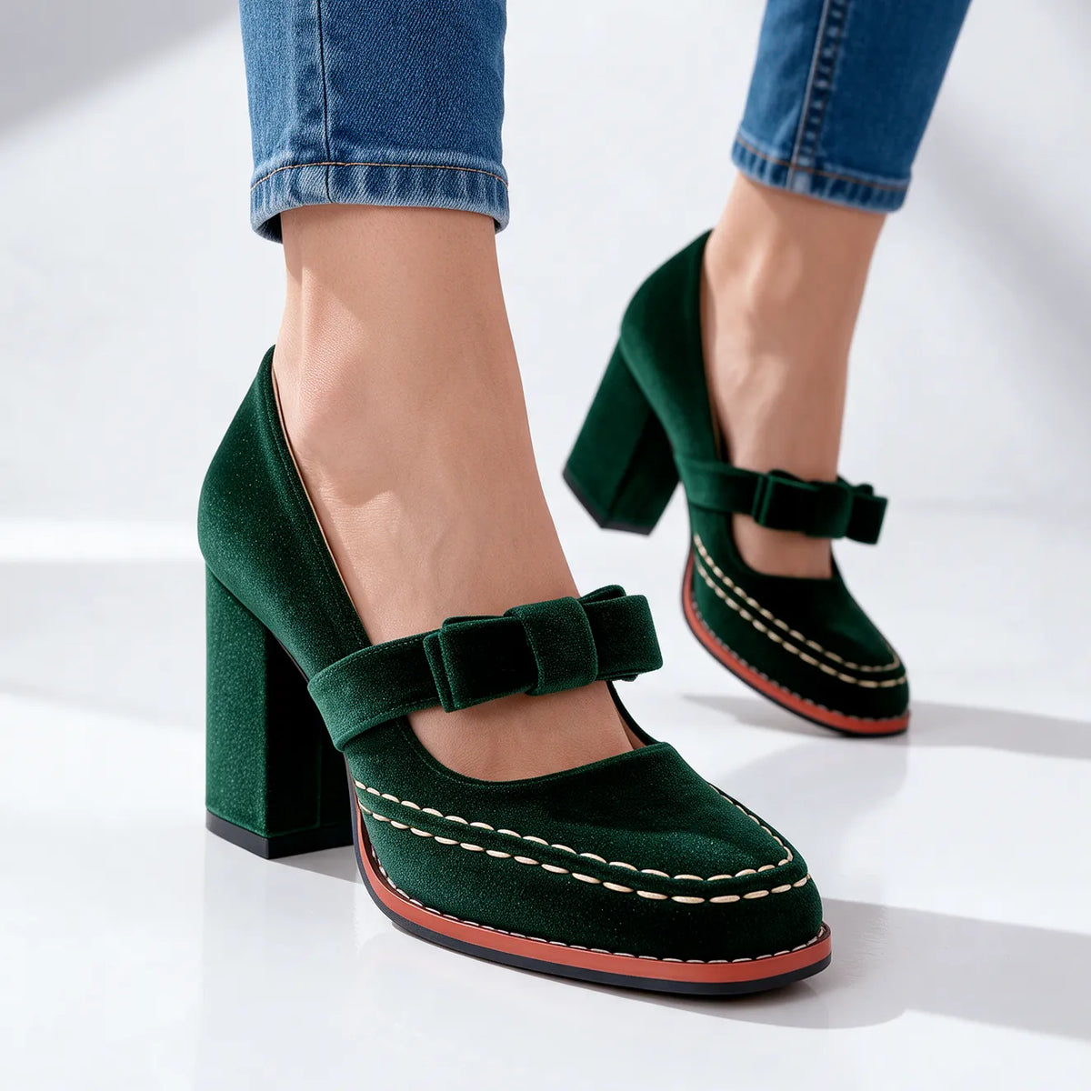 Women's Velvet Mary Jane Heels with Bow Strap & Block Heel - Worn Lifestyle Walking