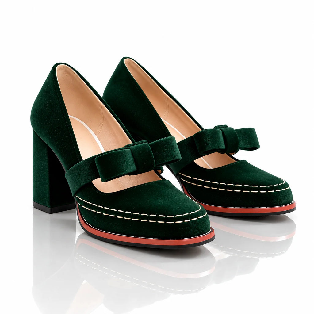 Green Women's Velvet Mary Jane Heels with Bow Strap & Block Heel