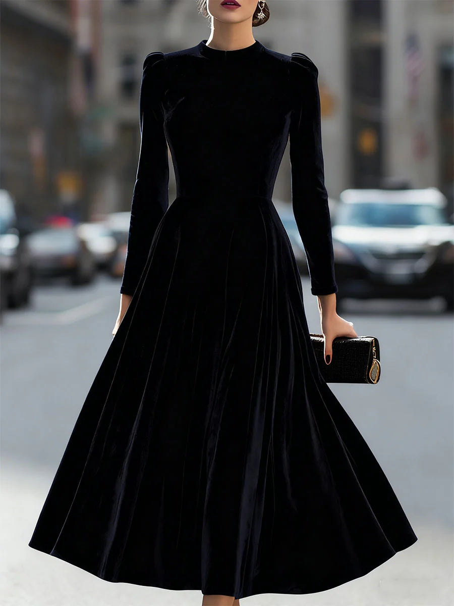 Women's Velvet Maxi Dress with Puff-Sleeve Detail & Mock Neck - Front Full Alt