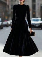 Black Women's Velvet Maxi Dress with Mock Neck & Puff Shoulders