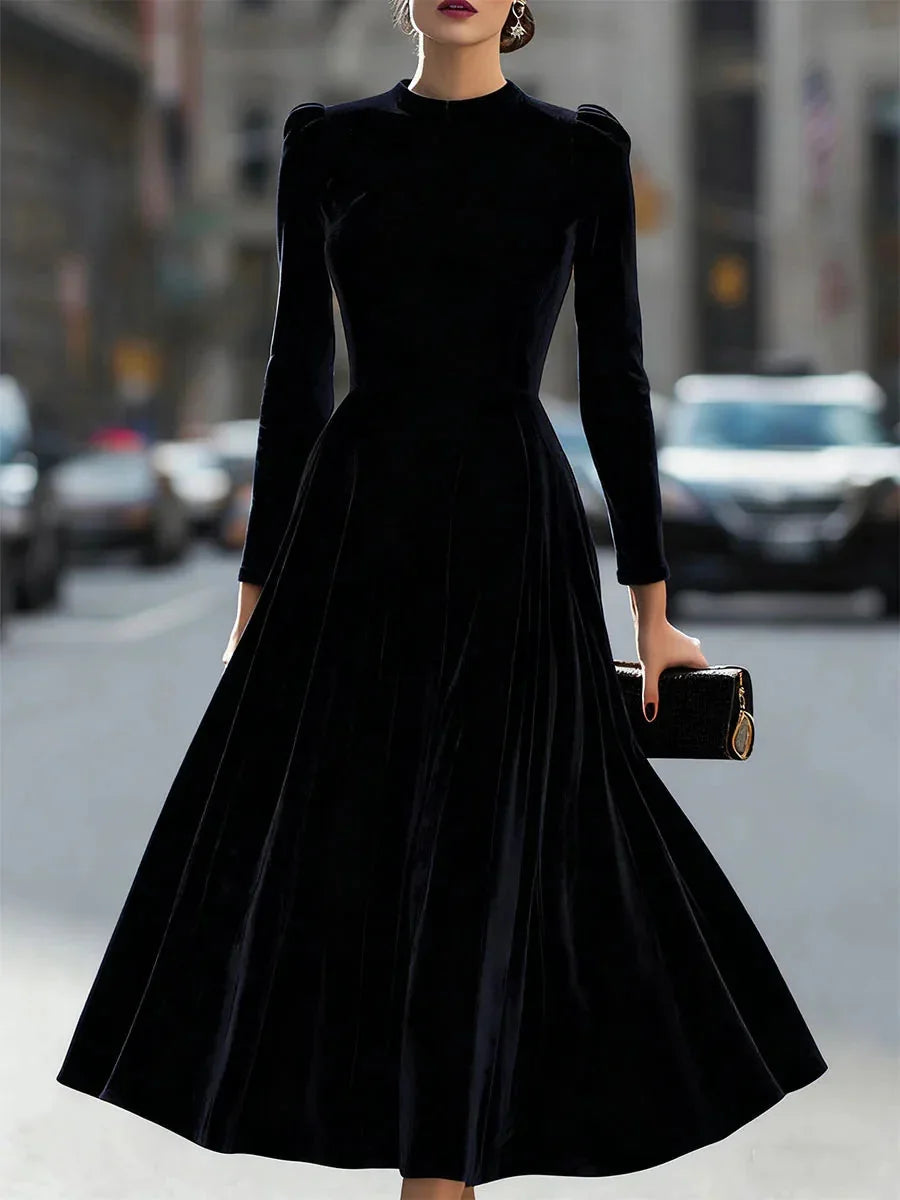 Black Women's Velvet Maxi Dress with Mock Neck & Puff Shoulders