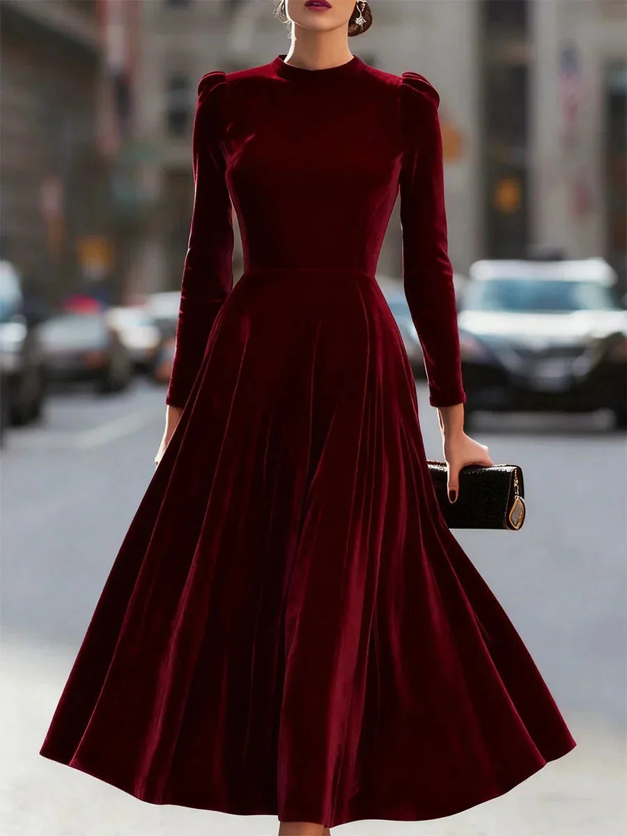Burgundy Women's Velvet Maxi Dress with Mock Neck & Puff Shoulders