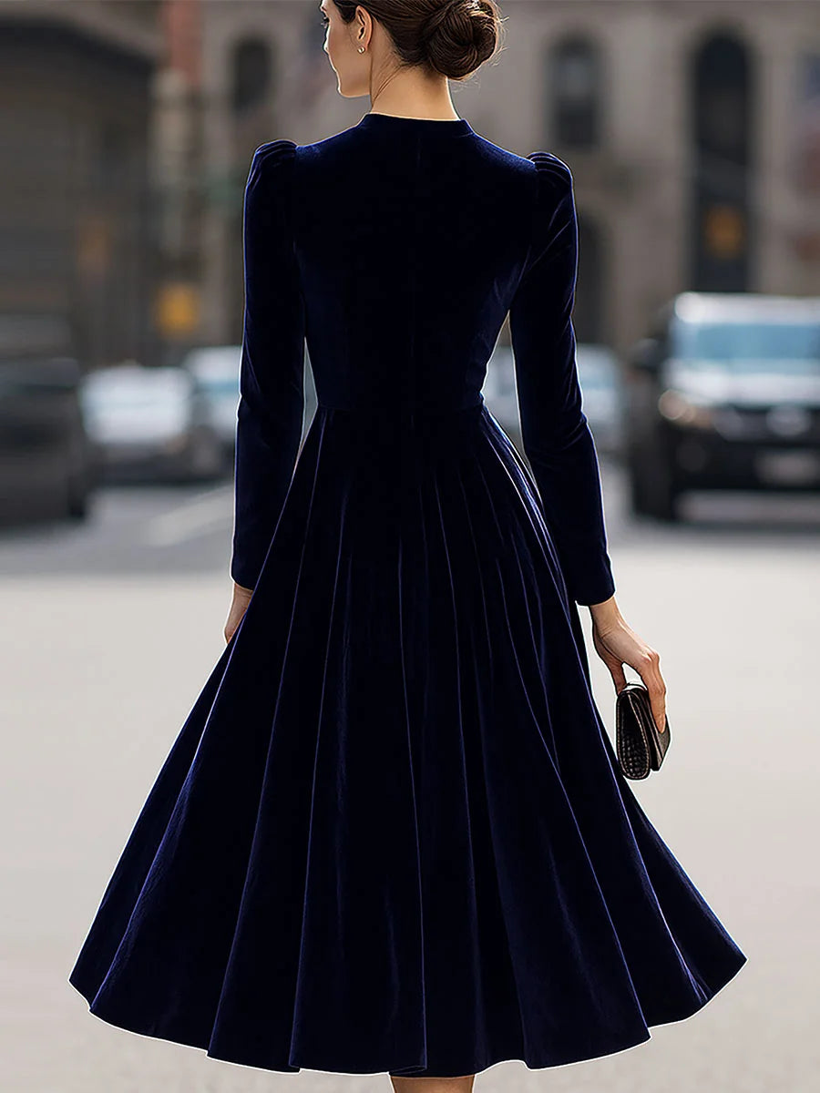 Women's Velvet Maxi Dress with Puff-Sleeve Detail & Mock Neck - Back Full Walking