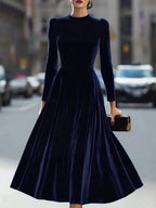 Navy Blue Women's Velvet Maxi Dress with Mock Neck & Puff Shoulders