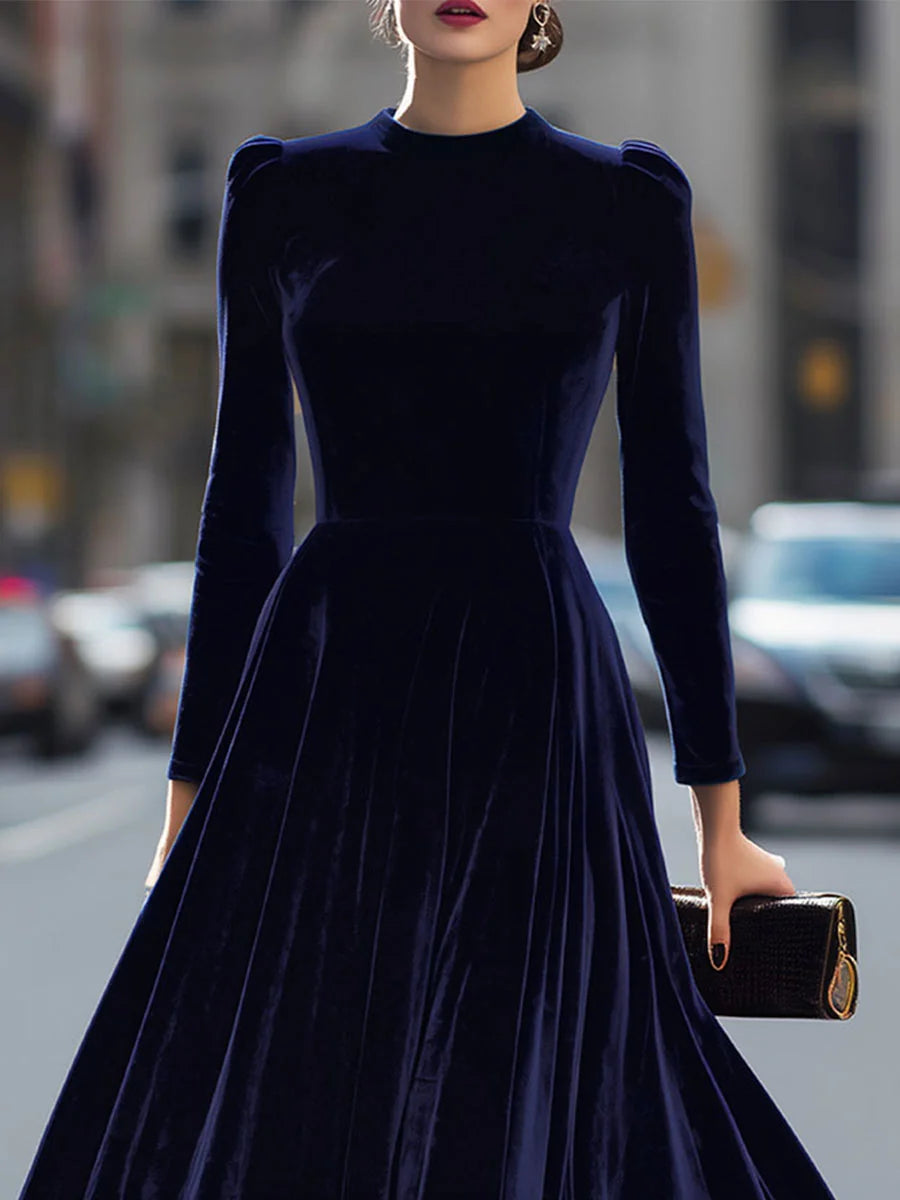 Women's Velvet Maxi Dress with Puff-Sleeve Detail & Mock Neck - Front Closeup Bodice