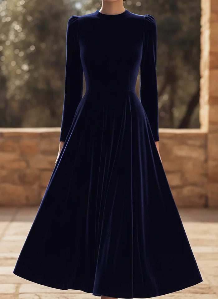 Women's Velvet Maxi Dress with Puff-Sleeve Detail & Mock Neck - Front Full Outdoor