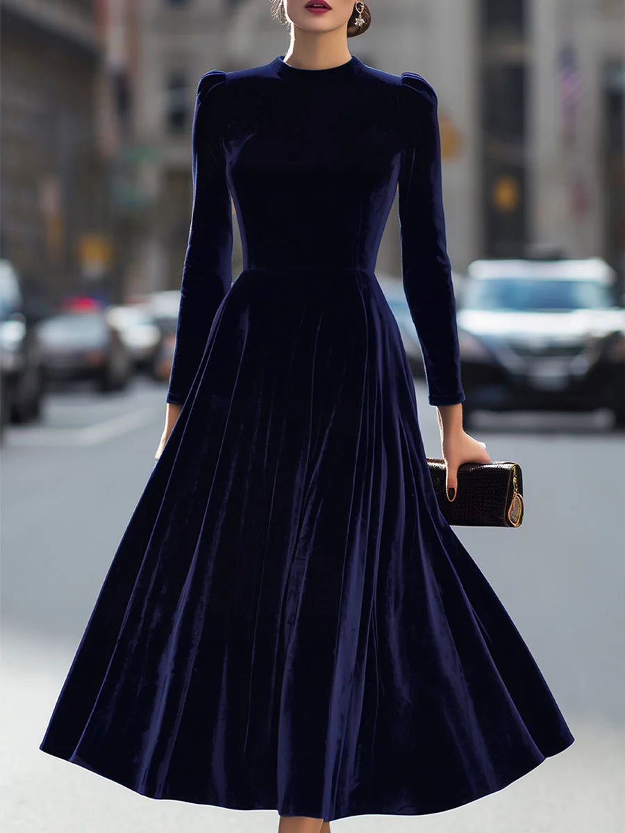 Dark Blue Women's Velvet Maxi Dress with Puff-Sleeve Detail & Mock Neck - Front Full Street