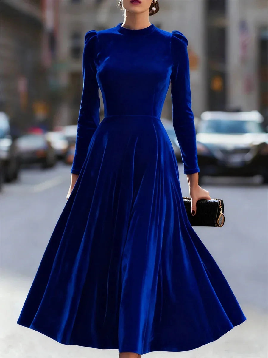 Royal Blue Women's Velvet Maxi Dress with Mock Neck & Puff Shoulders