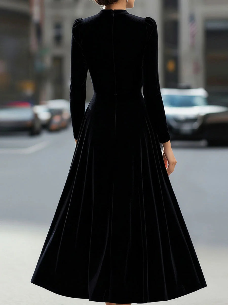 Women's Velvet Maxi Dress with Puff-Sleeve Detail & Mock Neck