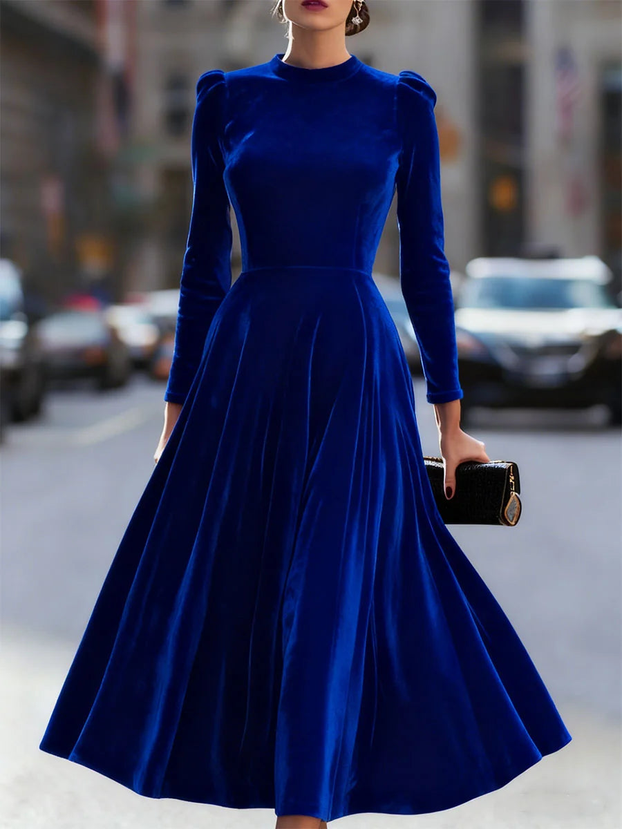 Women's Velvet Maxi Dress with Puff-Sleeve Detail & Mock Neck