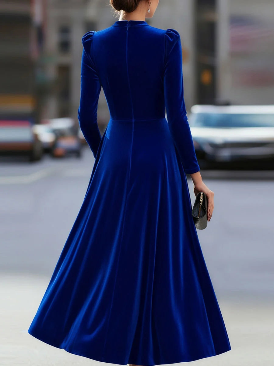 Women's Velvet Maxi Dress with Puff-Sleeve Detail & Mock Neck