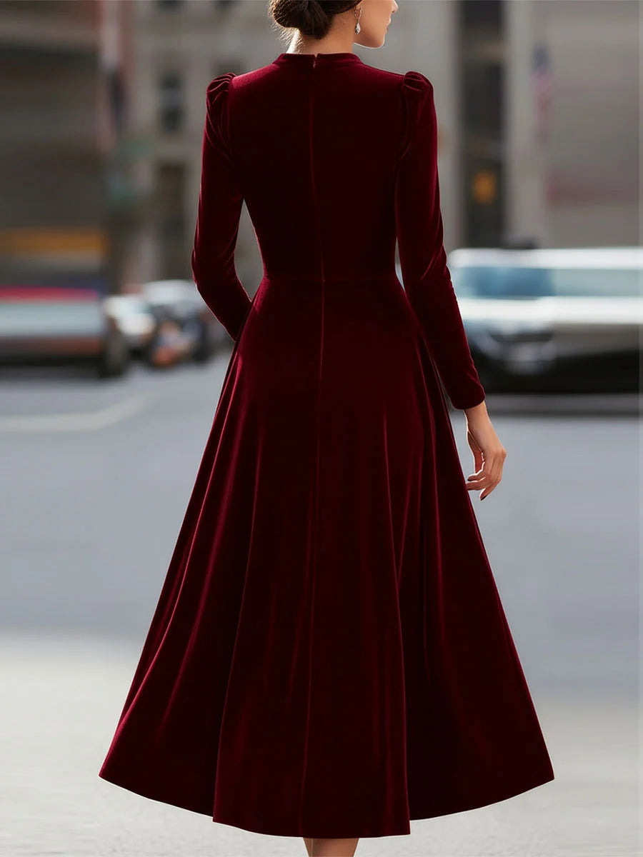 Women's Velvet Maxi Dress with Puff-Sleeve Detail & Mock Neck - Back Full
