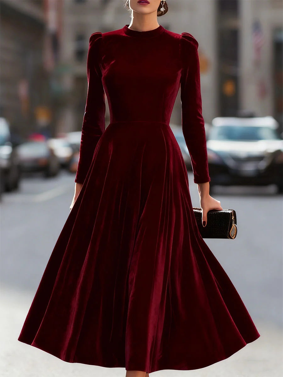Women's Velvet Maxi Dress with Puff-Sleeve Detail & Mock Neck - Front Full Alt