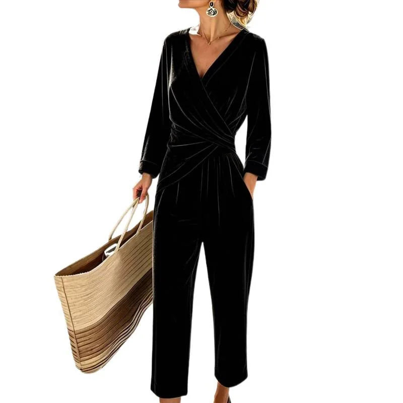 Black Women's Velvet Wrap Jumpsuit with Long Sleeves & Relaxed Wide-Leg Fit - Studio White Background