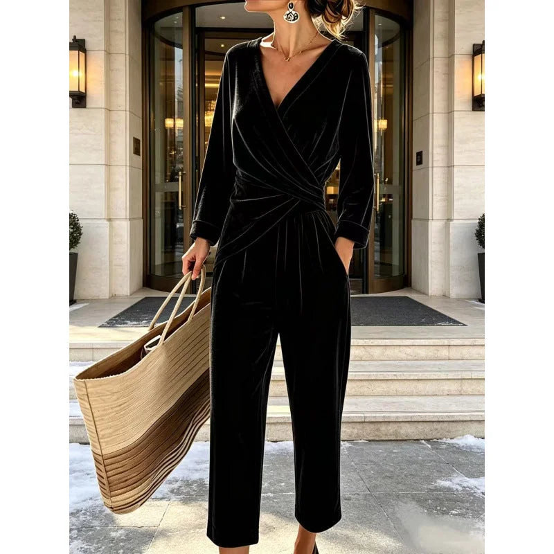 Women's Velvet Wrap Jumpsuit with Long Sleeves & Relaxed Wide-Leg Fit