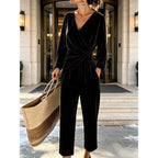 Women's Velvet Wrap Jumpsuit with Long Sleeves & Relaxed Wide-Leg Fit