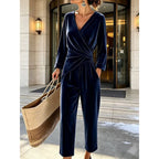 Women's Velvet Wrap Jumpsuit with Long Sleeves & Relaxed Wide-Leg Fit - Front Full Outdoor Pose