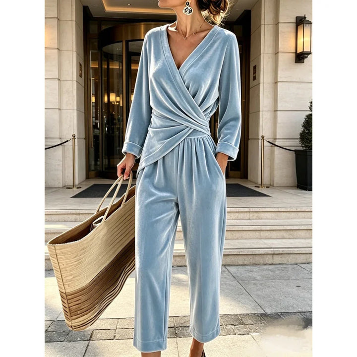Women's Velvet Wrap Jumpsuit with Long Sleeves & Relaxed Wide-Leg Fit - Front Full Close Up