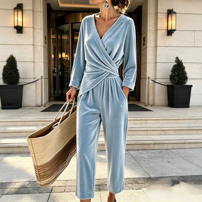 Light Blue Women's Velvet Wrap Jumpsuit with Long Sleeves & Relaxed Wide-Leg Fit - Front Full Entrance