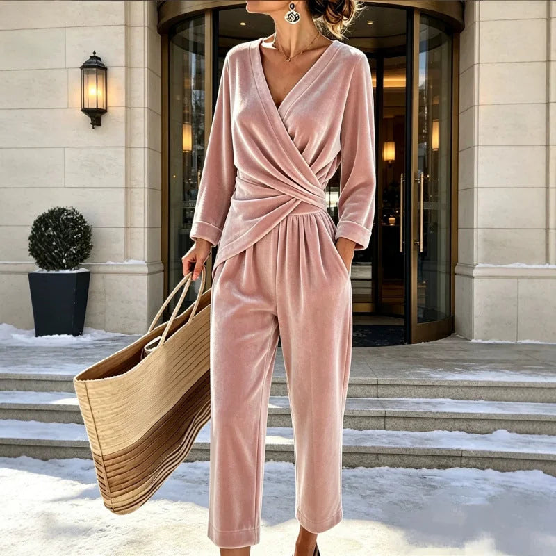 Pink Women's Velvet Wrap Jumpsuit with Long Sleeves & Relaxed Wide-Leg Fit - Front Full Snow Pose