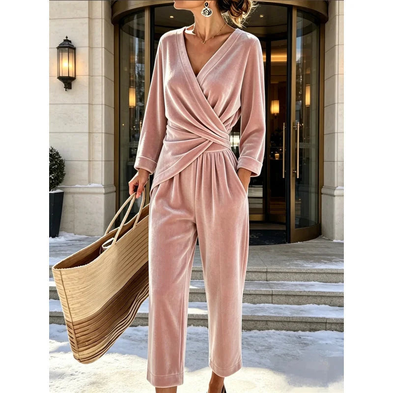 Women's Velvet Wrap Jumpsuit with Long Sleeves & Relaxed Wide-Leg Fit