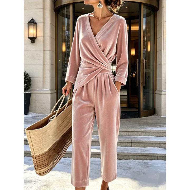 Women's Velvet Wrap Jumpsuit with Long Sleeves & Relaxed Wide-Leg Fit