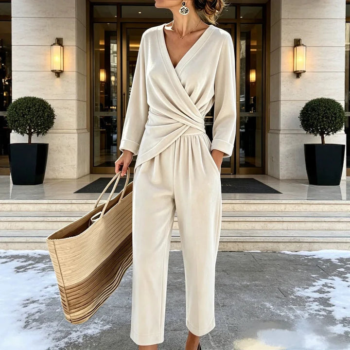 White Women's Velvet Wrap Jumpsuit with Long Sleeves & Relaxed Wide-Leg Fit - Front Full Snow Close
