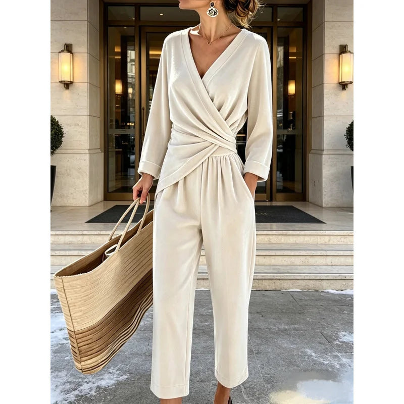 Women's Velvet Wrap Jumpsuit with Long Sleeves & Relaxed Wide-Leg Fit