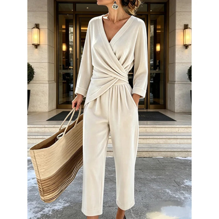 Women's Velvet Wrap Jumpsuit with Long Sleeves & Relaxed Wide-Leg Fit