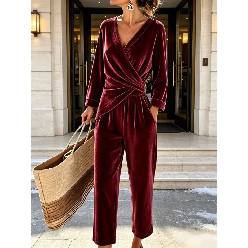 Wine Red Women's Velvet Wrap Jumpsuit with Long Sleeves & Relaxed Wide-Leg Fit - Front Full Outdoor Stance