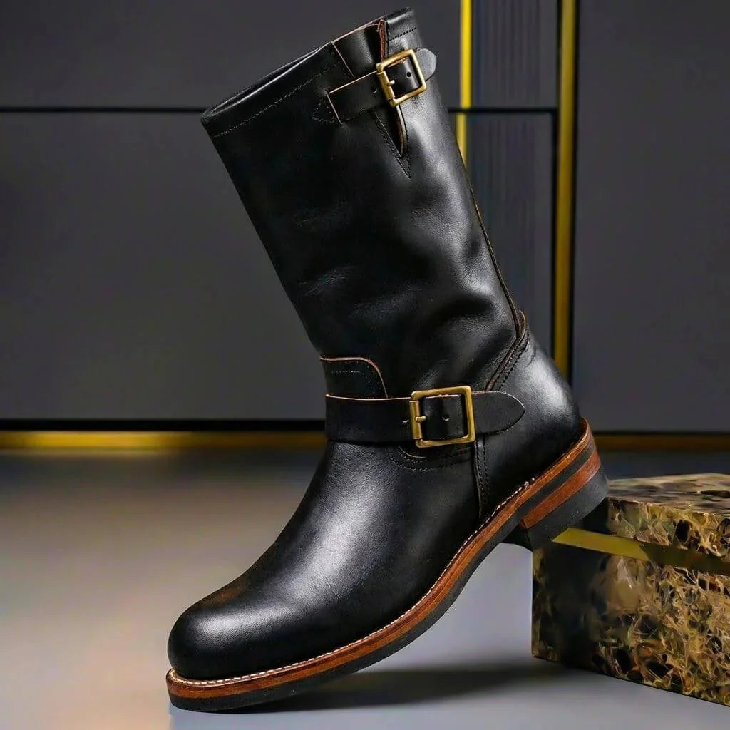 Black Men's Vintage Buckle Boots with Adjustable Straps & Round Toe — Daniel - Side Profile Studio