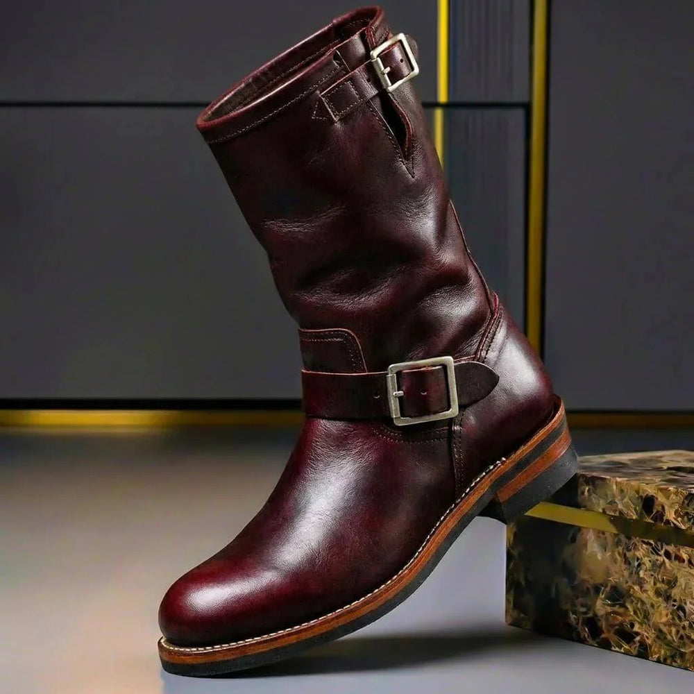 Burgundy Men's Vintage Buckle Boots with Adjustable Straps & Round Toe — Daniel - Side Profile Pose