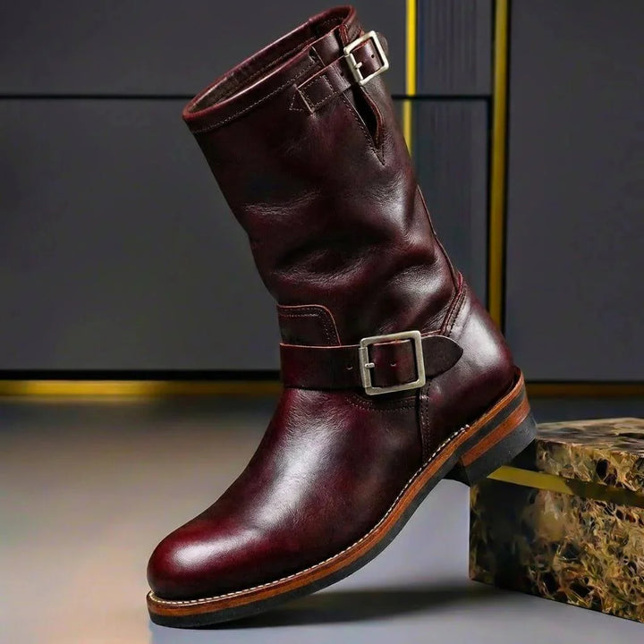 Burgundy Men's Vintage Buckle Boots with Adjustable Straps & Round Toe — Daniel - Side Profile Pose