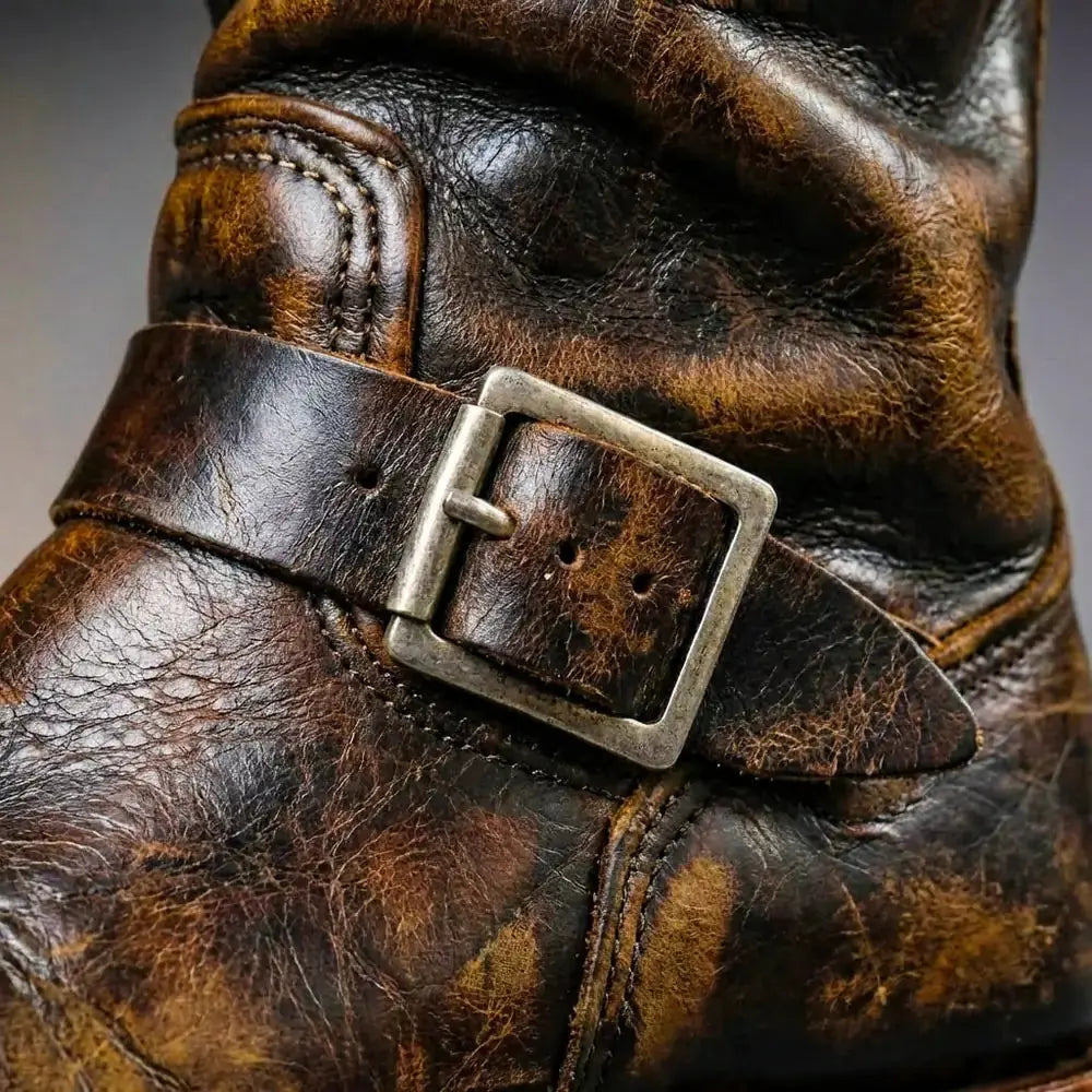 Dark Brown Men's Vintage Buckle Boots with Adjustable Straps & Round Toe — Daniel - Buckle Detail Close Up