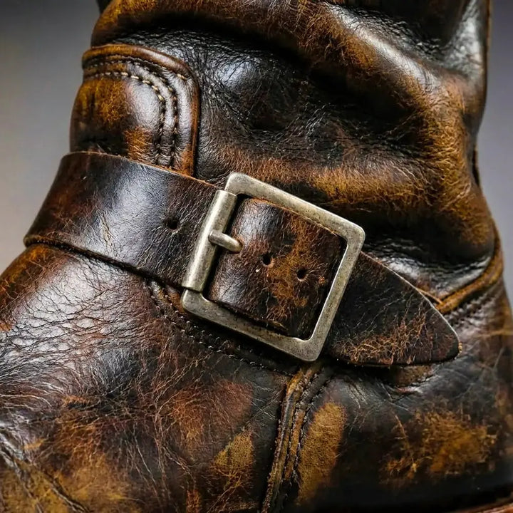 Dark Brown Men's Vintage Buckle Boots with Adjustable Straps & Round Toe — Daniel - Buckle Detail Close Up