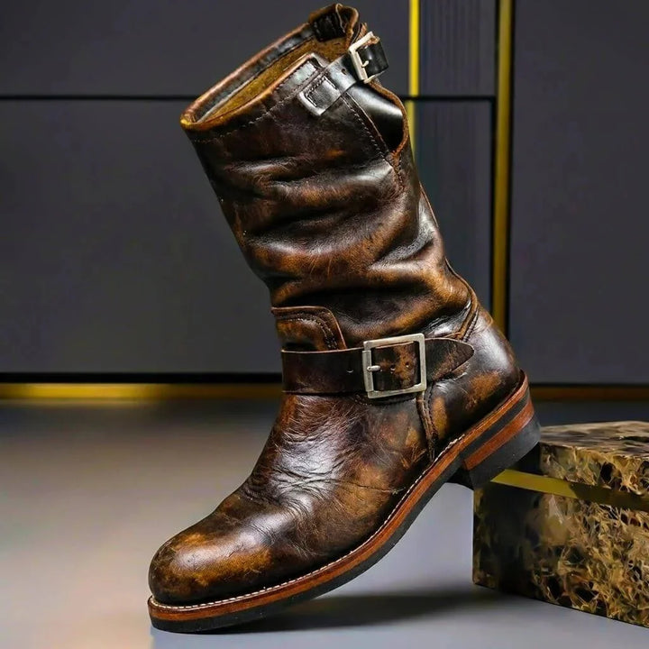 Dark Brown Men's Vintage Buckle Boots with Adjustable Straps & Round Toe — Daniel - Distressed Side Pose