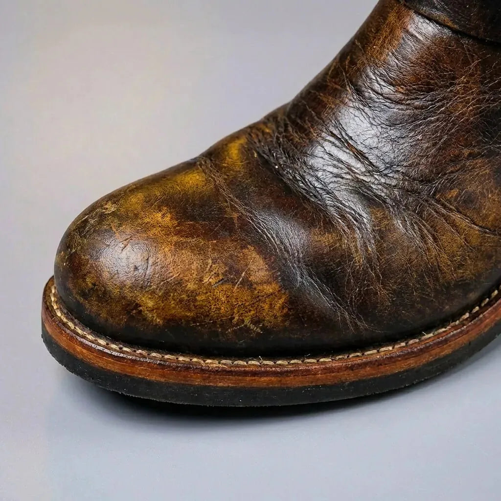 Dark Brown Men's Vintage Buckle Boots with Adjustable Straps & Round Toe — Daniel - Toe Detail Close Up