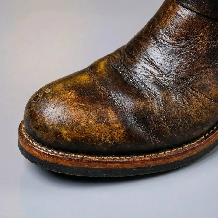 Dark Brown Men's Vintage Buckle Boots with Adjustable Straps & Round Toe — Daniel - Toe Detail Close Up