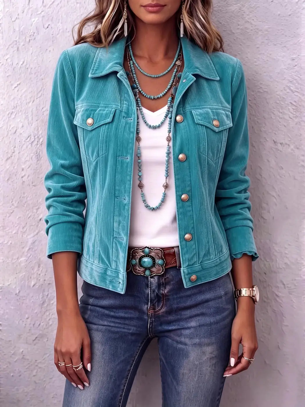 Women's Vintage Button Jacket with Chest Pockets & Relaxed Fit - Front Texture Detail