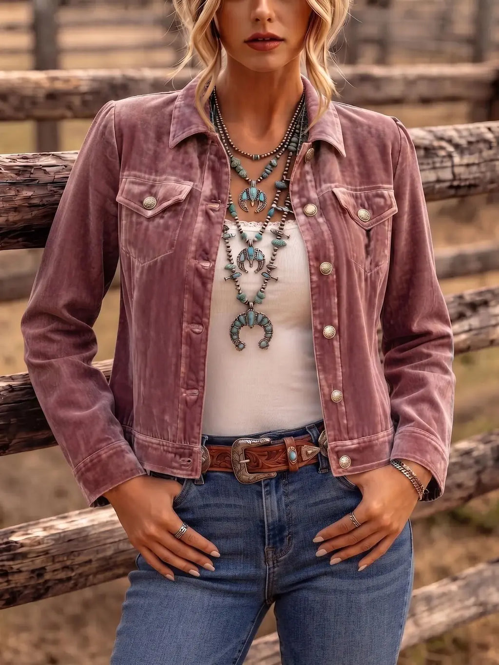 Women's Vintage Button Jacket with Chest Pockets & Relaxed Fit - Outdoor Necklace Pose
