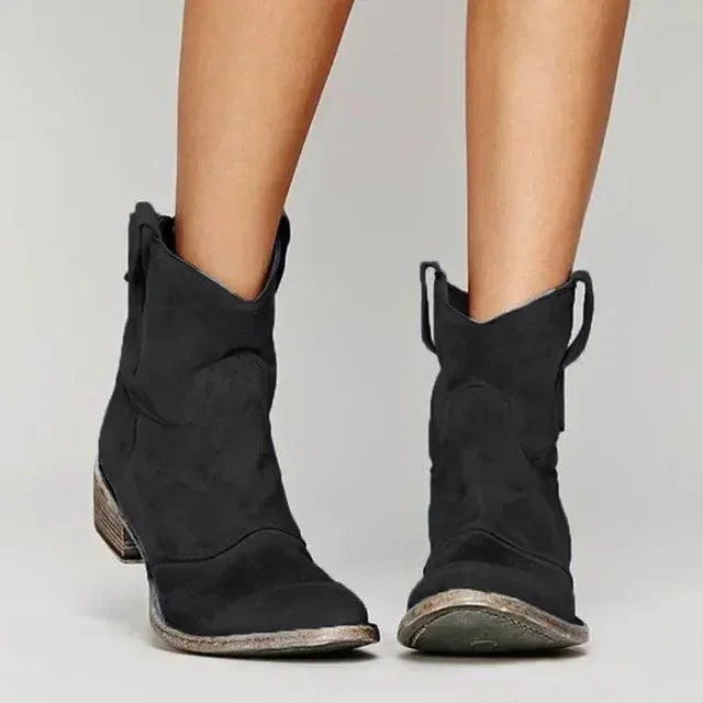 Black Women's Vintage Cowboy Ankle Boots with Pull-Tab Slip-On Design — Sloane - Studio Front Pose