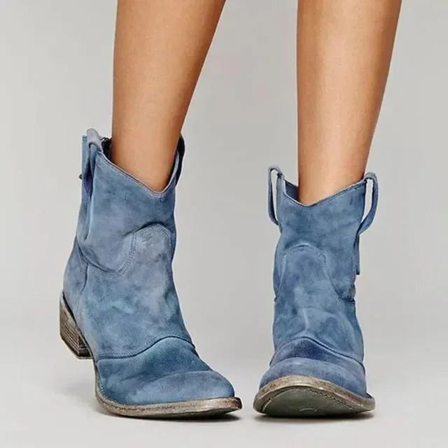 Blue Women's Vintage Cowboy Ankle Boots with Pull-Tab Slip-On Design - Front Angle Pose