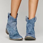 Blue Women's Vintage Cowboy Ankle Boots with Pull-Tab Slip-On Design — Sloane - Studio Side Pose