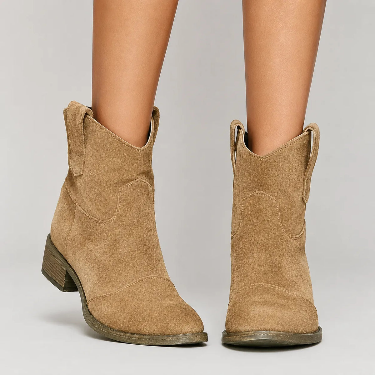 Brown Women's Vintage Cowboy Ankle Boots with Pull-Tab Slip-On Design — Sloane - Close Up Stitching