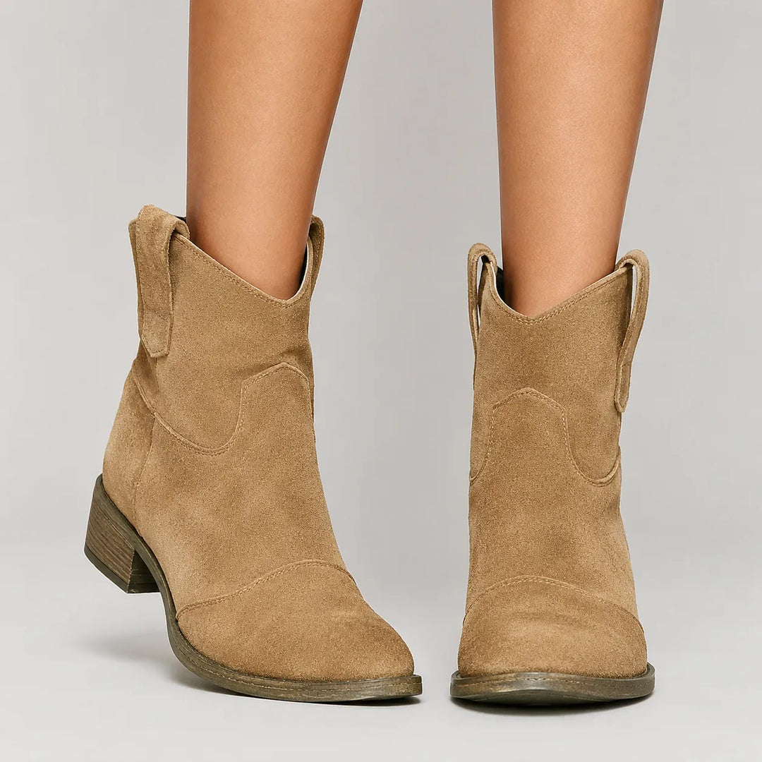 Brown Women's Vintage Cowboy Ankle Boots with Pull-Tab Slip-On Design — Sloane - Front Full View