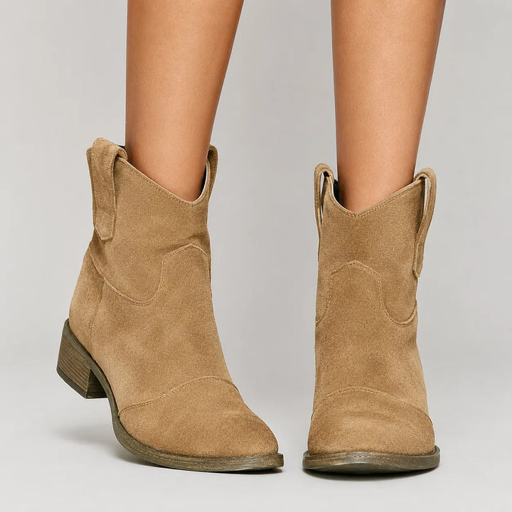 Brown Women's Vintage Cowboy Ankle Boots with Pull-Tab Slip-On Design — Sloane - Front Full View