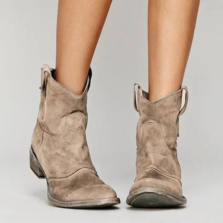 Brown Women's Vintage Cowboy Ankle Boots with Pull-Tab Slip-On Design — Sloane - Front Standing Pose