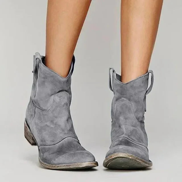 Grey Women's Vintage Cowboy Ankle Boots with Pull-Tab Slip-On Design — Sloane - Front Standing View